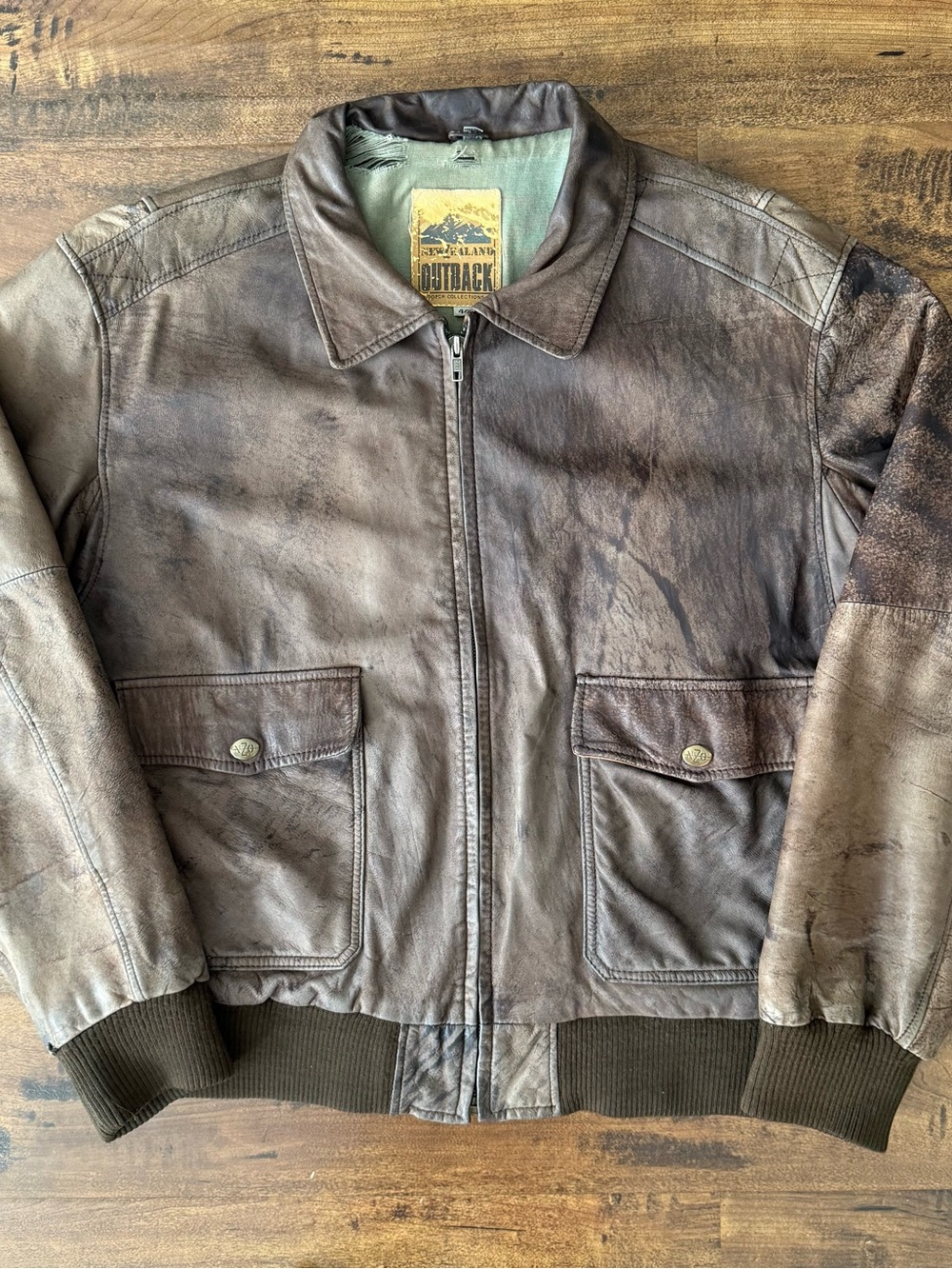 VTG New Zealand Outback Men’s Brown Leather Bomber Jacket Distressed